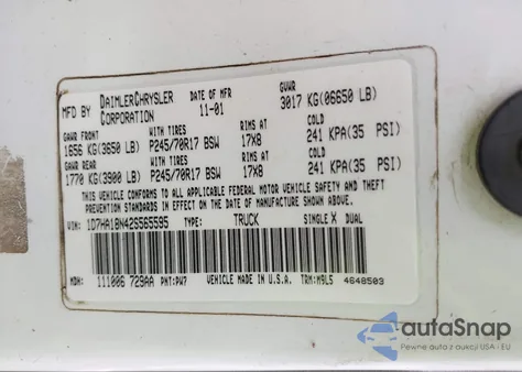 2002 Dodge Ram 1500 St из США, поврежденный, VIN 1D7HA18N42S565595